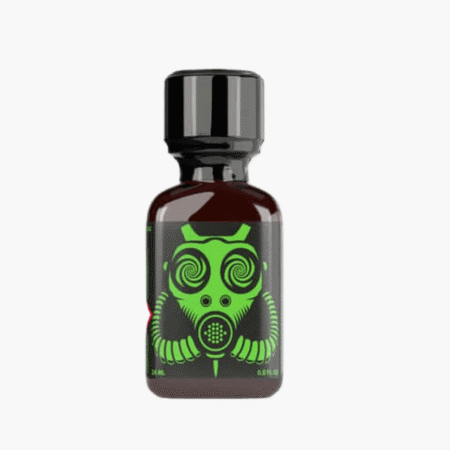 Butanol Poppers displayed in a premium amber glass vessel with bold fluorescent green iconography. The 24ml bottle features an eye-catching urban art design combining an owl and industrial respirator motif, complete with spiral eyes and breathing apparatus details, sealed with a professional-grade black cap.