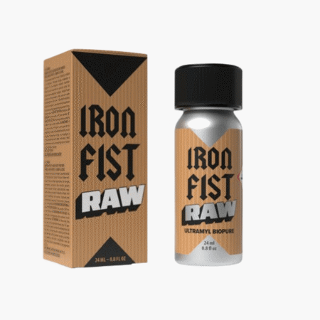 Iron Fist Raw Poppers - Complete "Iron Fist Raw" product set displaying aluminum bottle with black cap next to its corresponding retail box featuring kraft paper texture and geometric black triangles.