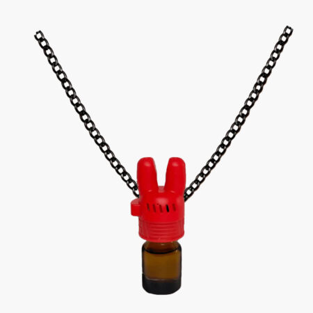 Super Sniffer v2 Chain Necklace with black chain and red bunny bottle topper, aromatherapy pendant