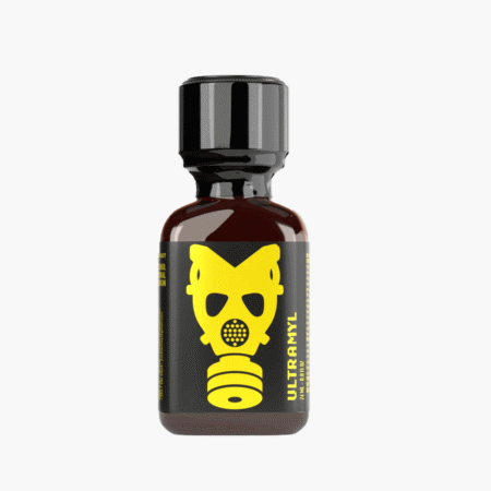 Ultramyl poppers 24ml - A 24ml amber-colored glass bottle featuring a black label with a bold yellow gas mask graphic, giving an industrial and intense look. The bottle has a sleek black cap, and the label displays "ULTRAMYL" in yellow vertical text on the side. The design is minimalist yet striking, with the gas mask symbol prominently occupying the center.