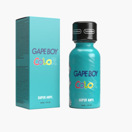 Gape Boy Color Super Amyl - Teal bottle and box (30ml) with rainbow text logo, black TwistedBoost cap, clear product details