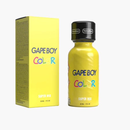 Gape Boy Color Super Mix - Bright yellow bottle and box (30ml) with rainbow text logo, black TwistedBeast cap, clear product details