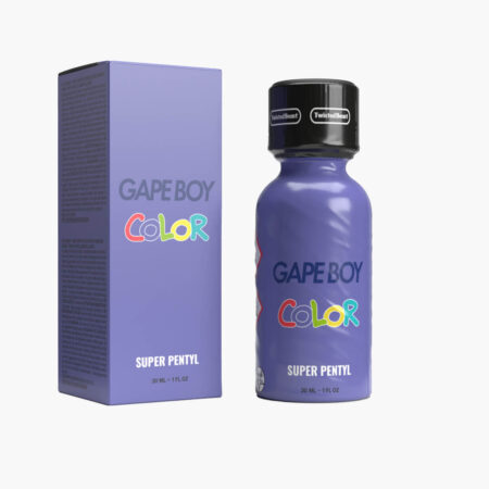 Gape Boy Color Super Pentyl Poppers 30 ml - sleek purple bottle with matching packaging for cleaning sexual leather toys.