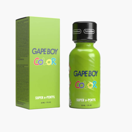 Gape Boy Color Super n-Pentyl Poppers 30 ml - vibrant green bottle and packaging designed for cleaning sexual leather toys.
